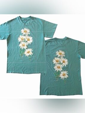 Vintage Cal Cru Teal Daisies 2 Side Graphic Single Stitch Tee Top Sparkle Medium